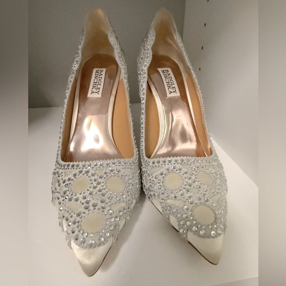 Badgley Mischka Crystal-Embellished Silver Heels